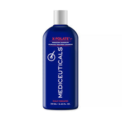 A bottle of Mediceuticals X-Folate Plus Coal Tar Shampoo, with blue and orange label, containing 250 ml / 8.45 fl.