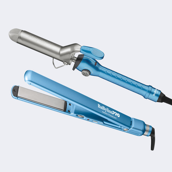 BaBylissPRO Nano Titanium 1.25" Spring Curl Iron & 1" Ultra-Thin Flat Iron Prepack