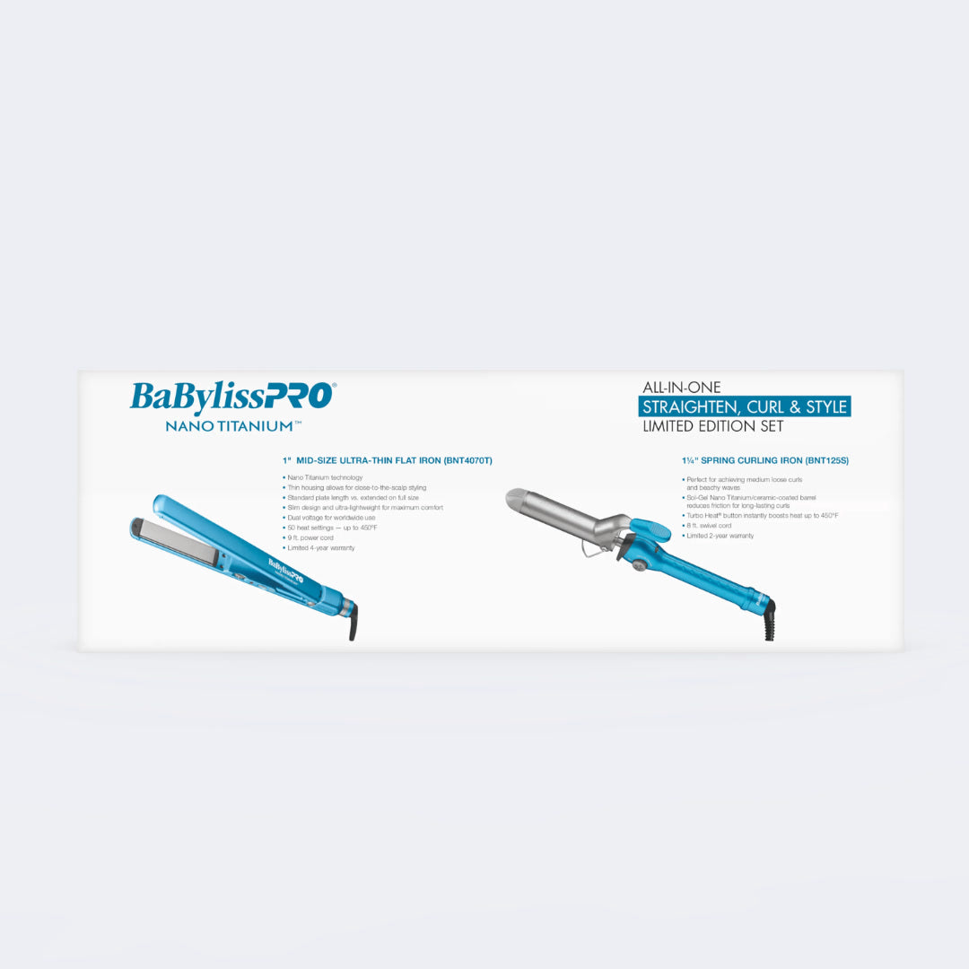 BaBylissPRO Nano Titanium 1.25" Spring Curl Iron & 1" Ultra-Thin Flat Iron Prepack