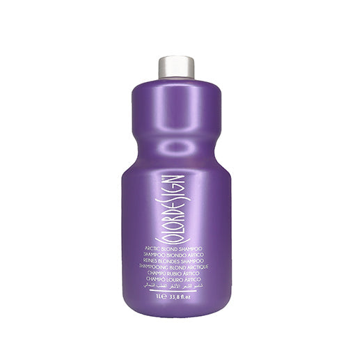 A bottle of Color Design Arctic Blonde Shampoo with a purple label and cap, containing 33.8oz of product. Main image