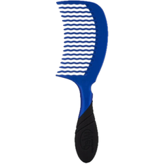 Blue and black hairbrush with wavy pattern on a white background