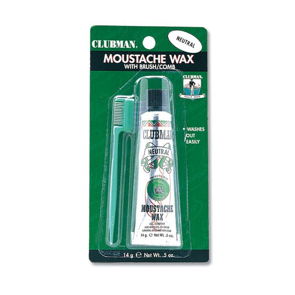 Clubman moustache wax with brush packaging on a white background