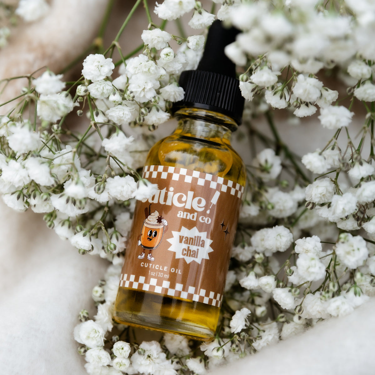 Cuticle & Co Vanilla Chai Cuticle Oil, 1 oz bottle, styled