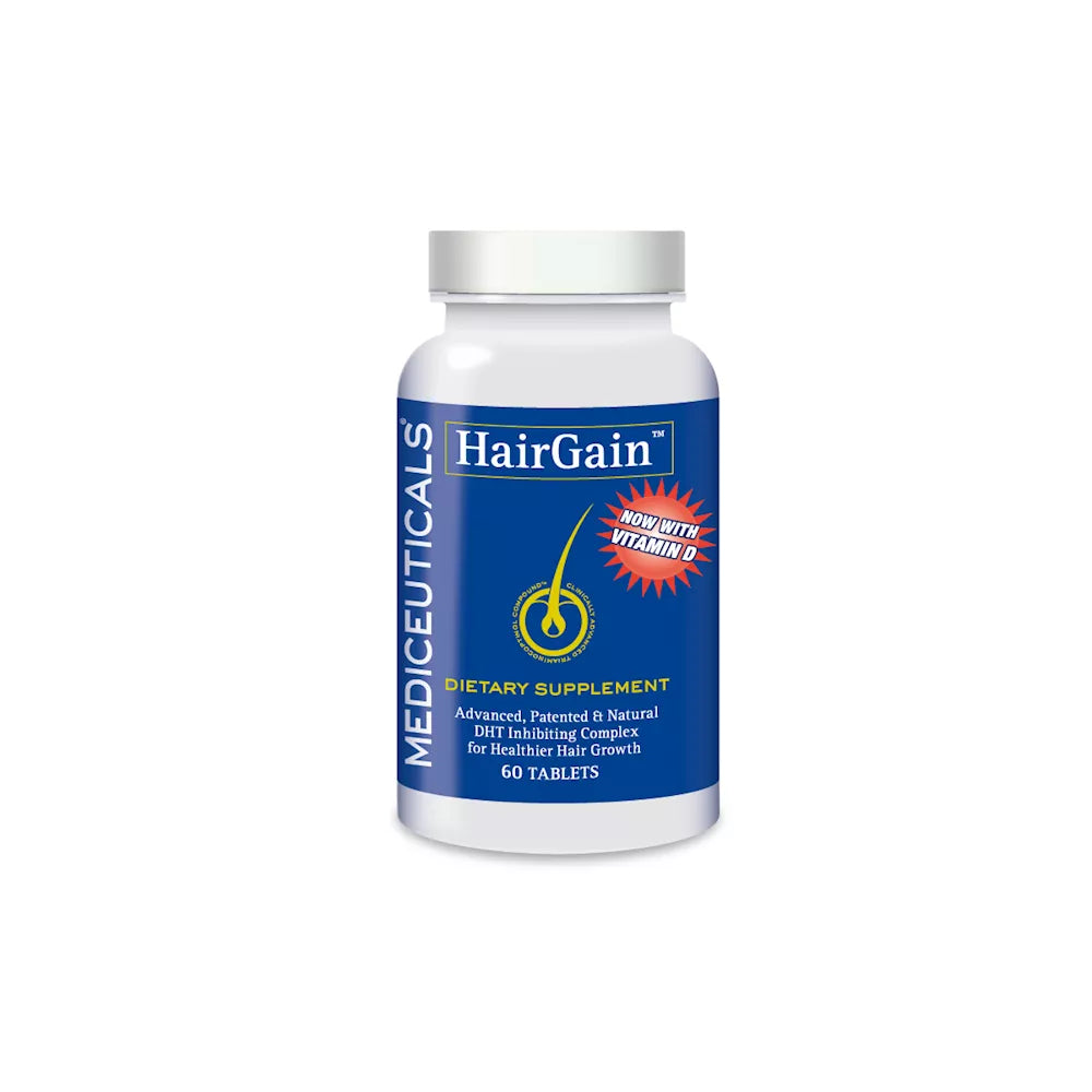 A bottle of Mediceuticals HairGain dietary supplement with 60 tablets for hair loss prevention and stimulation. Main image