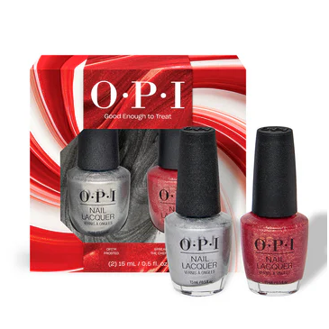 OPI nail polish set with three bottles in front of a red and white box on a white background