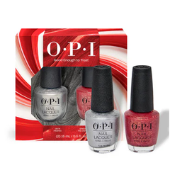 OPI nail polish set with three bottles in front of a red and white box on a white background
