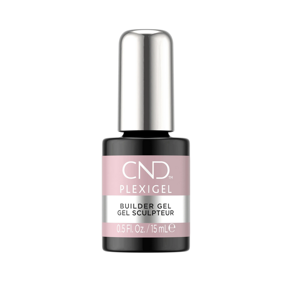 A bottle of CND PlexiGel Builder in a Clearly Pink shade, indicating a brush-on gel enhancement for nails.
