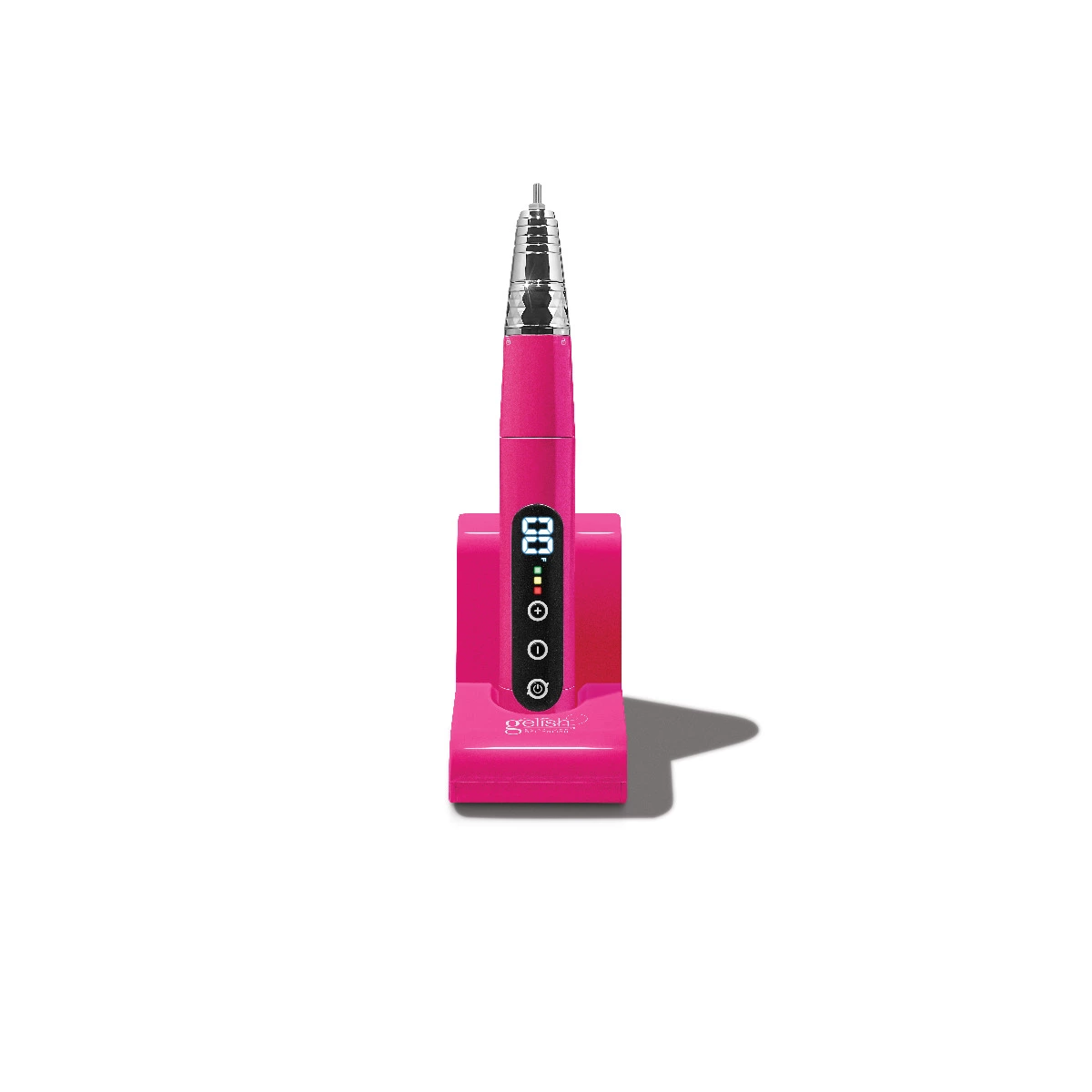 Pink electronic device with digital display on a white background