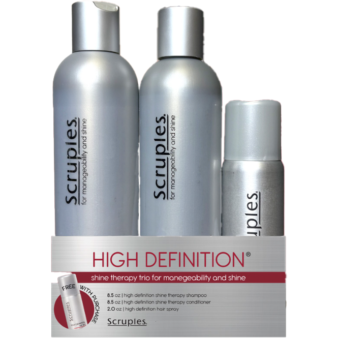 Three Scruples hair care bottles with packaging on a white background Main image