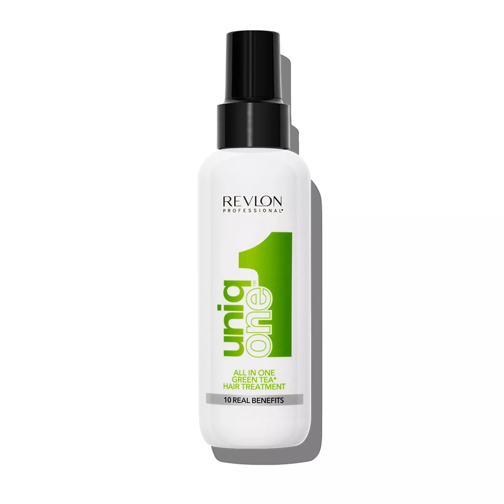 A bottle of UniqOne Hair Treatment by Revlon, which is a leave-in hair conditioner designed for all hair types.