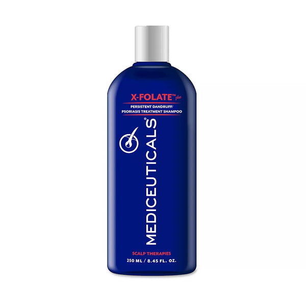 A bottle of Mediceuticals X-Folate Plus Coal Tar Shampoo, with blue and orange label, containing 250 ml / 8.45 fl.