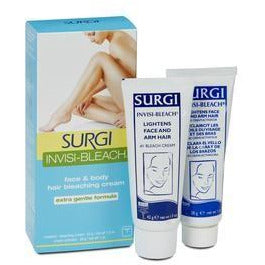 The image shows a box and tube of Surgi Invisi-Bleach, which are used for skin lightening or bleaching. The packaging is predominantly blue and white with text and images illustrating the product's use. Main image