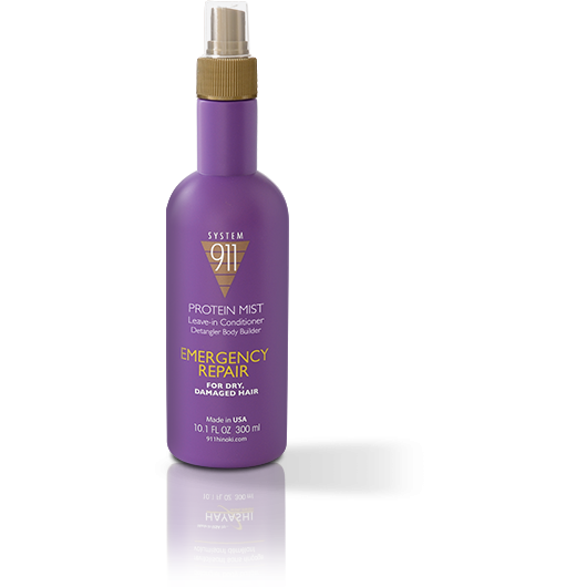 Bottle of Hayashi Protein Mist 10.1oz with a purple cap, labeled as Emergency Repair for Bladed Hair.