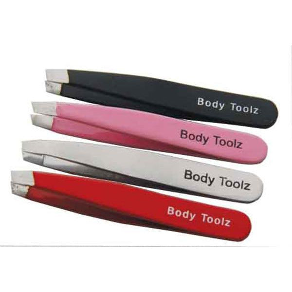 A set of four Body Toolz Tiny Tweezers in different colors including black, pink, red, and white, with the brand name printed on the handles. Main image