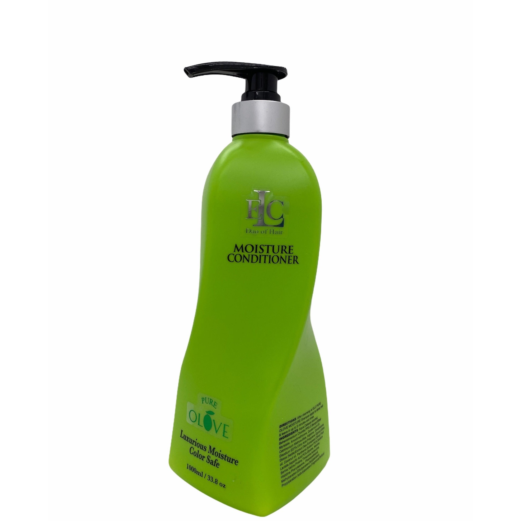 A bottle of ELC Dao Of Hair Pure Olove Moisture Conditioner with a green label and pump dispenser. Main image
