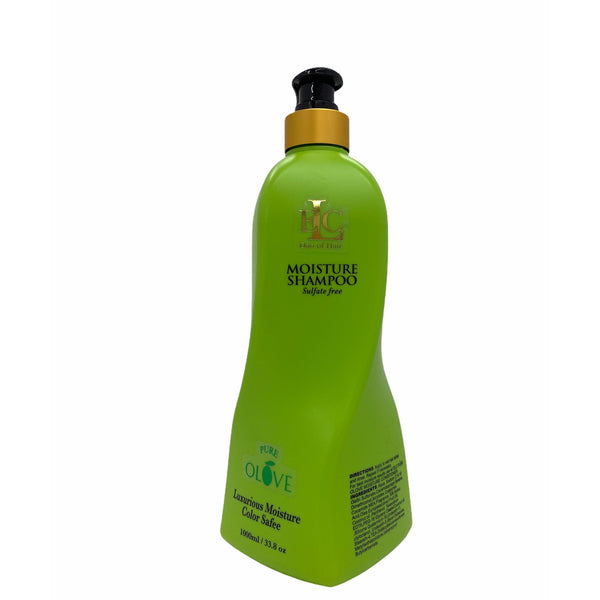 A bottle of ELC Dao Of Hair Pure Olove Moisture Shampoo with a green label and cap, displaying the brand and product name.