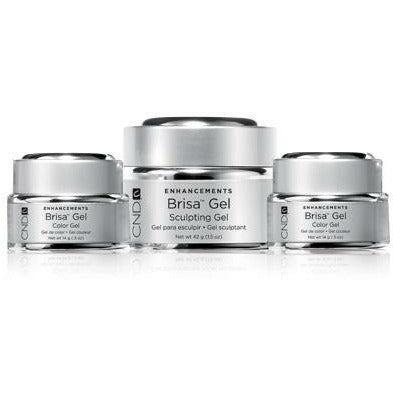 Three containers of CND Brisa Gel in different sizes, with the brand and product name visible on the labels.